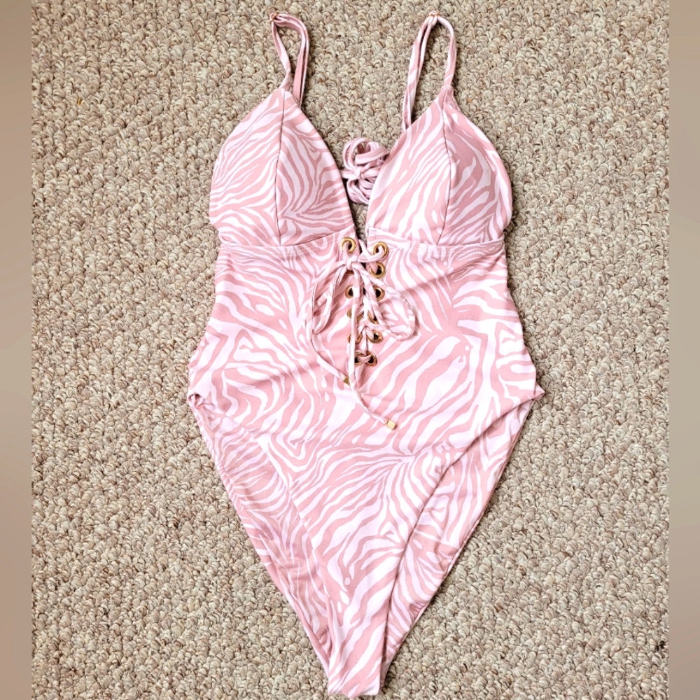 P2F Pink Zebra Print Lace-Up Swimsuit